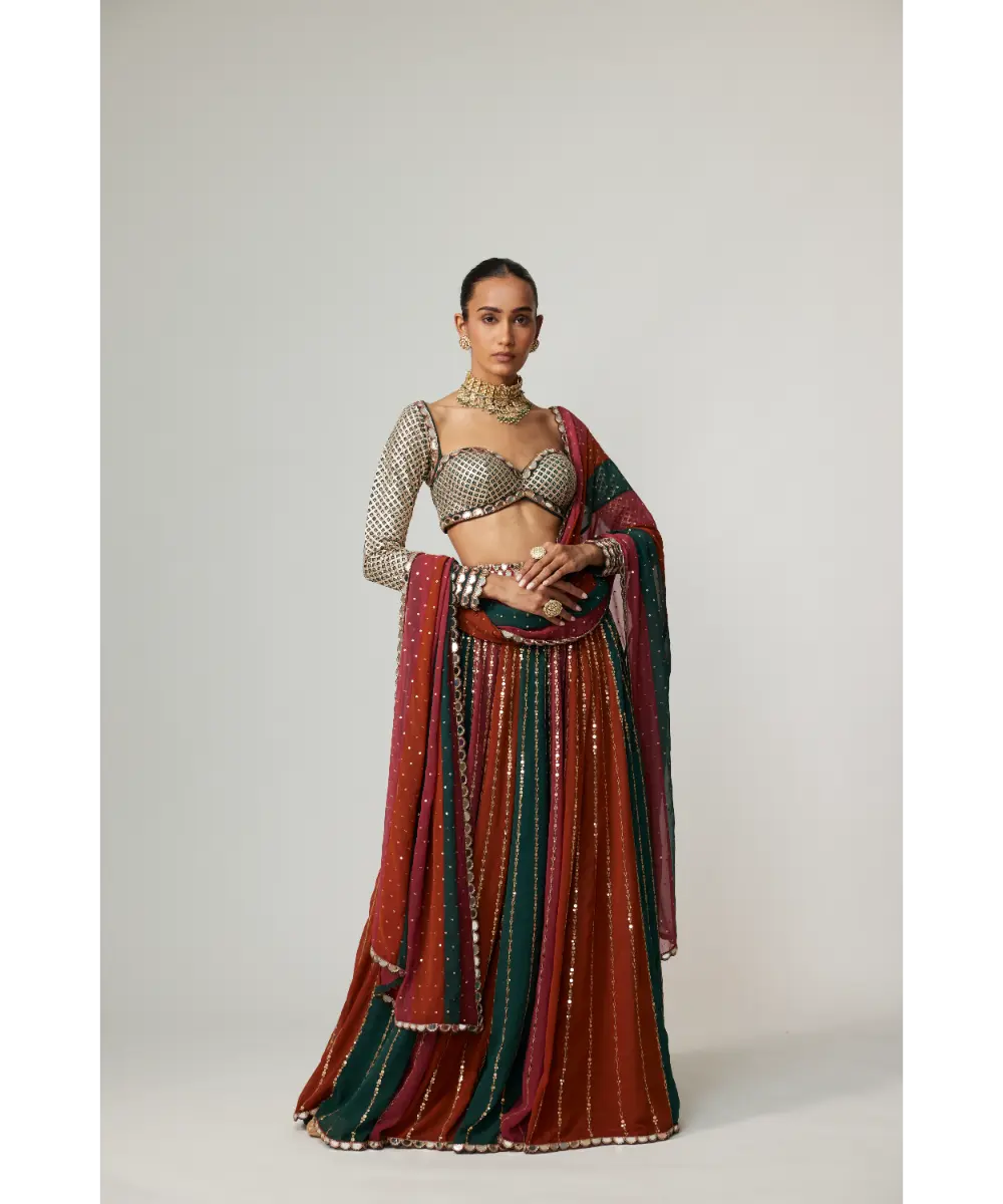 VVANI VATS - Cranberry Lehenga Pants with Sweetheart Neck Full Sleeve Blouse